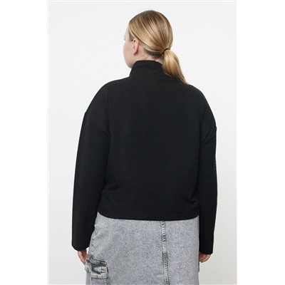 Siyah  Dik Yaka Fermuarlı Selanik İnce Örme Sweatshirt TBBAW23AO00006