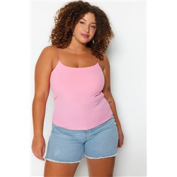 Pembe Spagetti Askılı Crop Fitilli Örme Büyük Beden Bluz TBBSS23AF00013