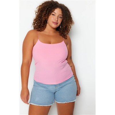 Pembe Spagetti Askılı Crop Fitilli Örme Büyük Beden Bluz TBBSS23AF00013