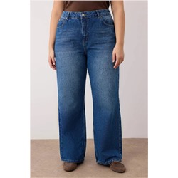 Koyu Mavi Yüksek Bel Geniş Paça Wide Leg Büyük Beden Jeans TBBAW26CJ00041