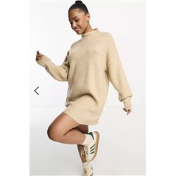 Miss Selfridge grown on neck balloon sleeve knit mini dress in mushroom
