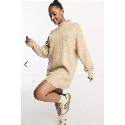 Miss Selfridge grown on neck balloon sleeve knit mini dress in mushroom