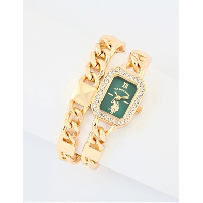 LADIES GOLD AND GREEN BRACELET WATCH