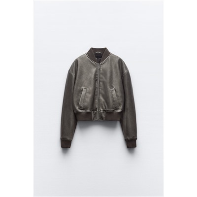 WORN EFFECT LEATHER EFFECT BOMBER JACKET