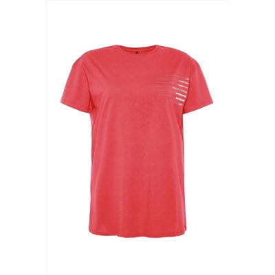 Pembe Bisiklet Yaka slogan Baskılı %100 Pamuk Örme Büyük Beden T-shirt Elbise TBBSS23AH00162