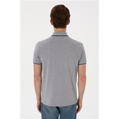 Erkek Slim Fit Polo Yaka Gri Melanj Basic Tişört