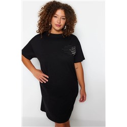 Siyah Bisiklet Yaka slogan Baskılı %100 Pamuk Örme Büyük Beden T-shirt Elbise TBBSS23AH00162