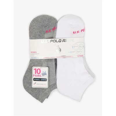 LADIES 10PK WHITE GREY ASSORTED LOW CUT SOCKS