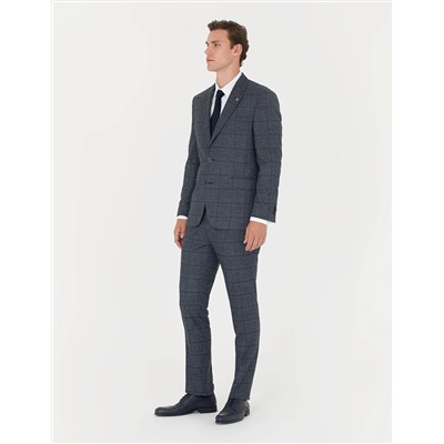 Lacivert Slim Fit Ekose Takım Elbise