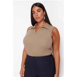 Bej Fitted/Vücuda Oturan Polo Yaka Esnek Örme Büyük Beden Bluz TBBSS24AF00065