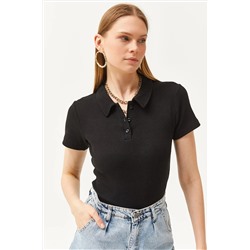 Olalook Kadın Siyah Polo Yaka Düğmeli Likralı Bluz BLZ-19002558