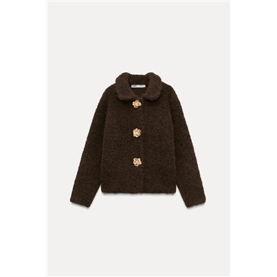 FAUX FUR KNIT JACKET WITH FLOWER BUTTONS