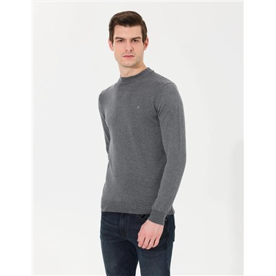 Antrasit Melanj Slim Fit Çeyrek Yaka Basic Triko Kazak