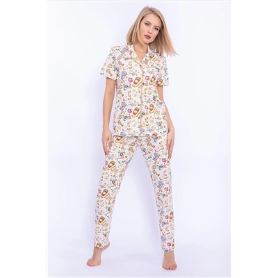 Pierre Cardin But First Coffee Krem Kadın Slim Fit Gömlek Pijama Takımı PC8287-S