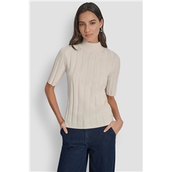 ELBOW SLEEVE WIDE RIB MOCK NECK WITH LOGO PATCH