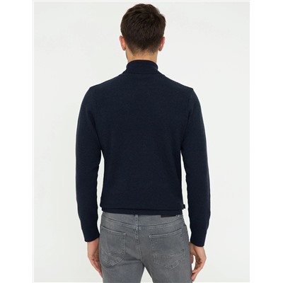 Lacivert Melanj Slim Fit Balıkçı Yaka Triko Kazak