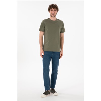 Erkek Regular Fit Bisiklet Yaka Haki Basic Tişört