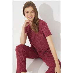 Siyah İnci Bordo Çiçek Desenli Kısa Kollu Pamuklu Pijama Takımı 7612