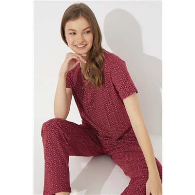 Siyah İnci Bordo Çiçek Desenli Kısa Kollu Pamuklu Pijama Takımı 7612