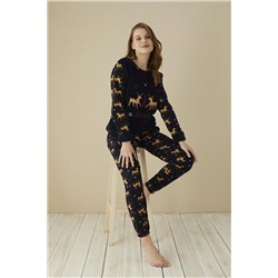 SEBOTEKS Karaca Desenli Peluş Polar Cepli Kadın Pijama Takımı 20164 SBT20164