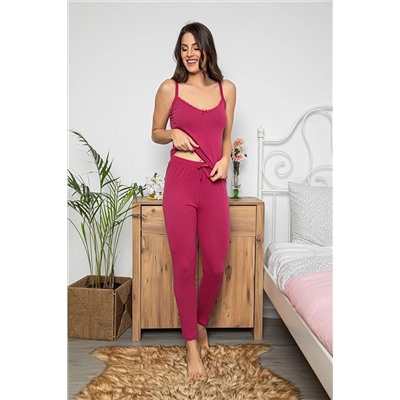 MyBen Kadın Mürdüm Renkli Dantel Detaylı Şortlu Ve Taytlı Pijama Takımı 3'lü 75023