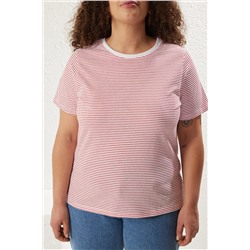 Kırmızı Çizgili Bisiklet Yaka Çizgili Örme T-Shirt TBBSS23BF00068