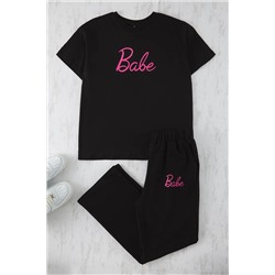 Siyah Regular Fit Slogan Baskılı Kısa Kol Örme Büyük Beden Eşofman Takımı TBBSS25CP00005