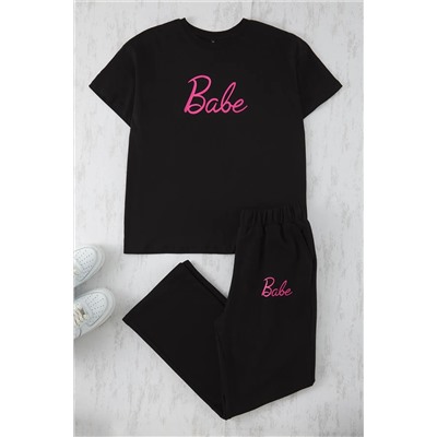 Siyah Regular Fit Slogan Baskılı Kısa Kol Örme Büyük Beden Eşofman Takımı TBBSS25CP00005