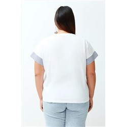 Beyaz Oversize Kolda Çizgili Poplin Kumaş Detaylı %100 Pamuk Örme Büyük Beden T-Shirt TBBSS24BF00001
