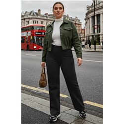 Siyah Straight Fit Yüksek Bel Krep Örme Büyük Beden Pantolon TBBAW24AR00008