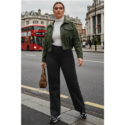 Siyah Straight Fit Yüksek Bel Krep Örme Büyük Beden Pantolon TBBAW24AR00008