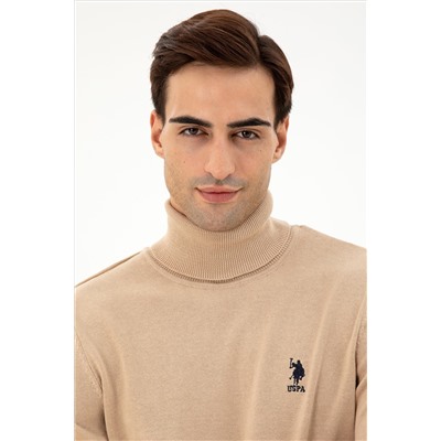 Erkek Slim Fit Boğazlı Yaka Kum Melanj Basic Kazak