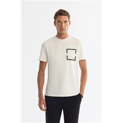 Ekru Bisiklet Yaka Baskılı Elastan T-Shirt