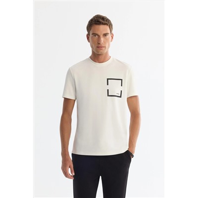 Ekru Bisiklet Yaka Baskılı Elastan T-Shirt