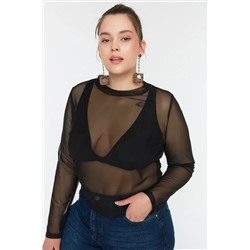 Siyah Örme Tül Crop Bluz TBBSS22BZ00017