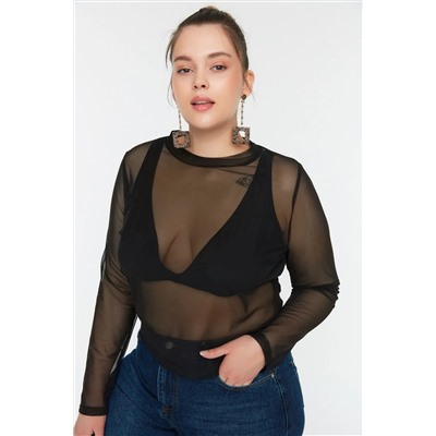 Siyah Örme Tül Crop Bluz TBBSS22BZ00017