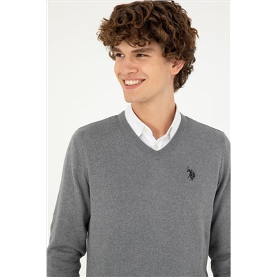 Erkek Slim Fit V Yaka Gri Melanj Basic Kazak