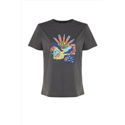 Antrasit Boyfriend Fit Bisiklet Yaka Baskılı %100 Pamuk Örme Büyük Beden T-Shirt TBBSS22TS1944