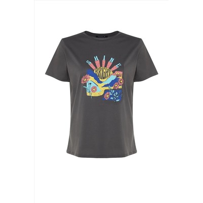 Antrasit Boyfriend Fit Bisiklet Yaka Baskılı %100 Pamuk Örme Büyük Beden T-Shirt TBBSS22TS1944