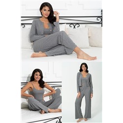 For You Loungewear 3 Lü Fitilli Gri Atlet Hırka Pantolon Takım S27026