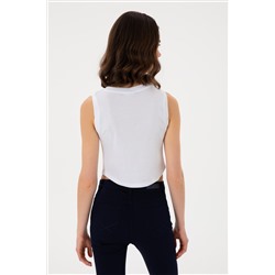 Kadın Beyaz Kolsuz Bisiklet Yaka Crop Basic Tişört