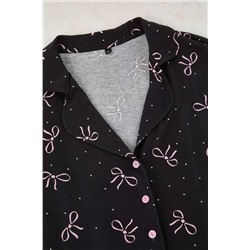 Antrasit Kurdele/Fiyonk Baskılı Gömlek Yaka Örme Pijama Takımı TBBAW23AI00019