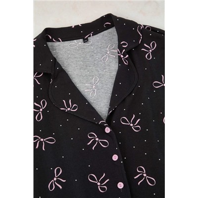 Antrasit Kurdele/Fiyonk Baskılı Gömlek Yaka Örme Pijama Takımı TBBAW23AI00019