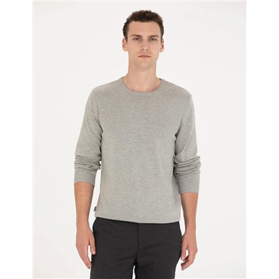 Açık Gri Melanj Slim Fit Bisiklet Yaka Basic Triko Kazak