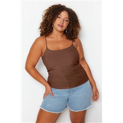 Kahverengi Spagetti Askılı Crop Fitilli Örme Büyük Beden Bluz TBBSS23AF00013