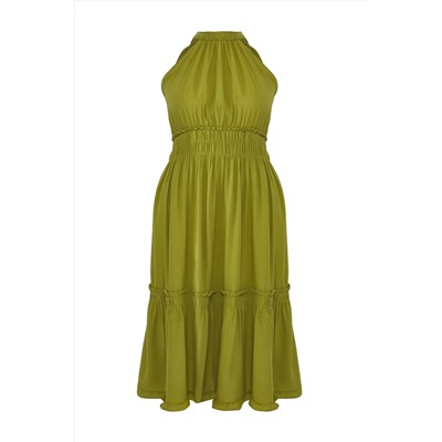 Haki Halter Yaka Dokuma Elbise TBBSS23AH00207