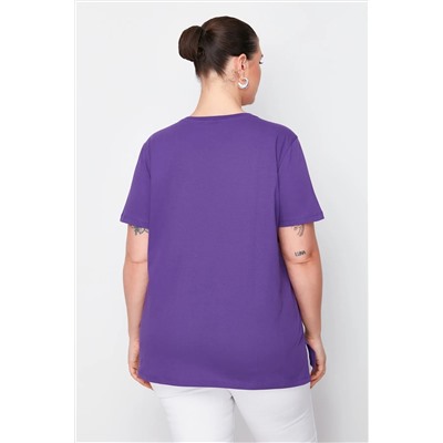 Mor Boyfriend Fit Slogan Baskılı Bisiklet Yaka %100 Pamuk Örme Büyük Beden T-Shirt TBBSS23BF00022