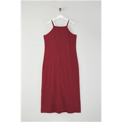 Bordo Halter Yaka Bürümcük Dokulu Kumaş Maxi Boy Örme Büyük Beden Elbise TBBSS25AH00006