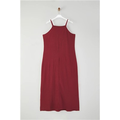 Bordo Halter Yaka Bürümcük Dokulu Kumaş Maxi Boy Örme Büyük Beden Elbise TBBSS25AH00006