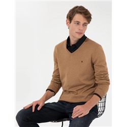 Camel Melanj Slim Fit V Yaka Basic Triko Kazak